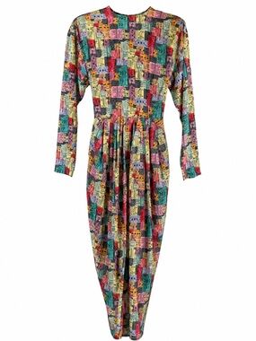 Vintage Ticket Stub Print Draped Dress